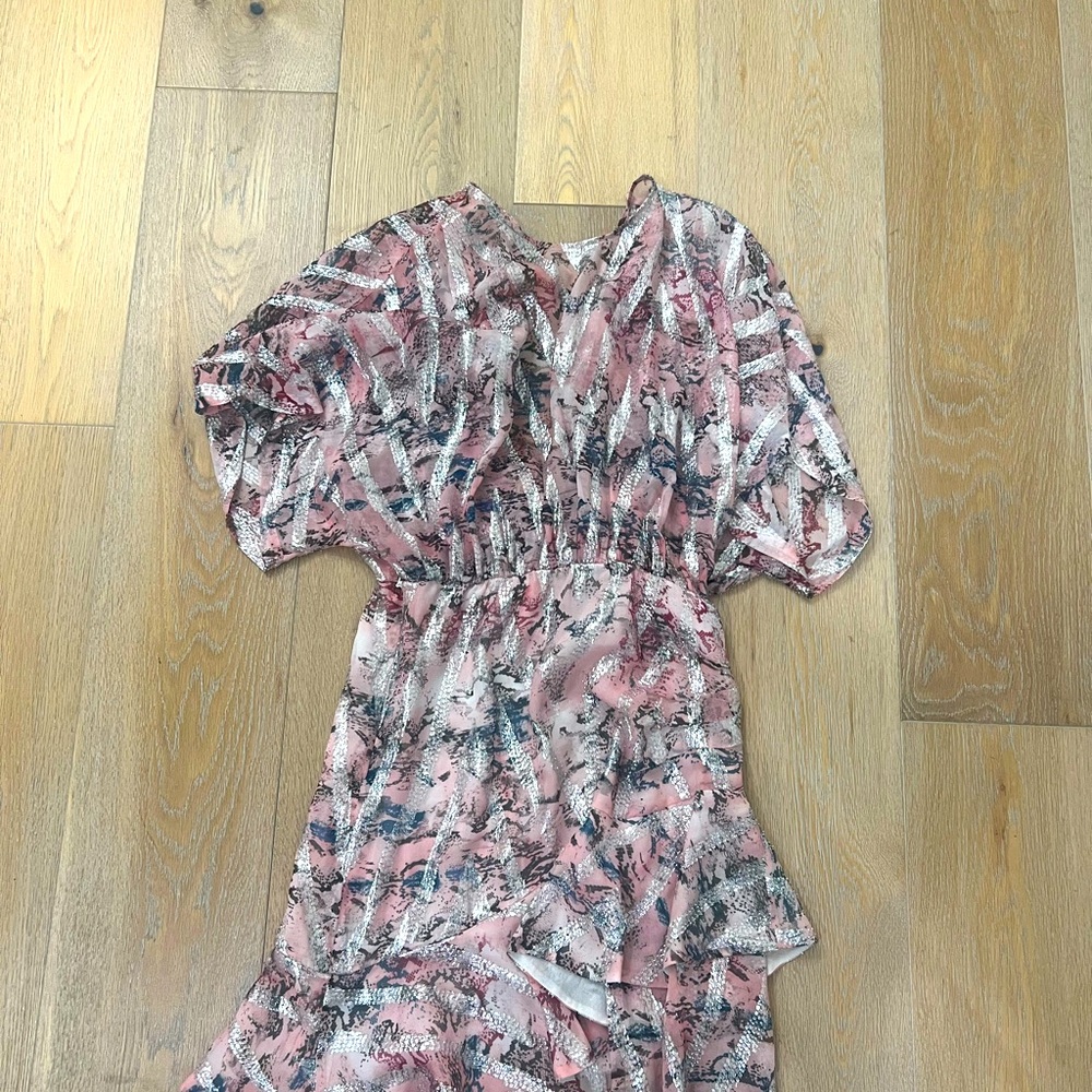 IRO dress is pink and metallic silver strands. GORGEOUS and sexy mini dress